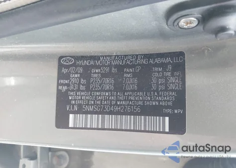 2009 Hyundai Santa Fe Gls from USA, damaged, VIN 5NMSG73D49H276156